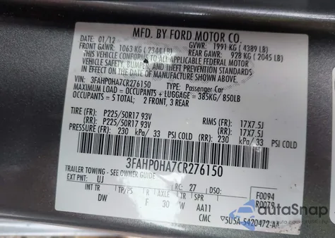 2012 Ford Fusion Se из США, поврежденный, VIN 3FAHP0HA7CR276150